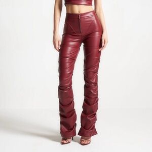 Manière De Voir Caroline Tacked Leather Flared Trousers in Wine Red